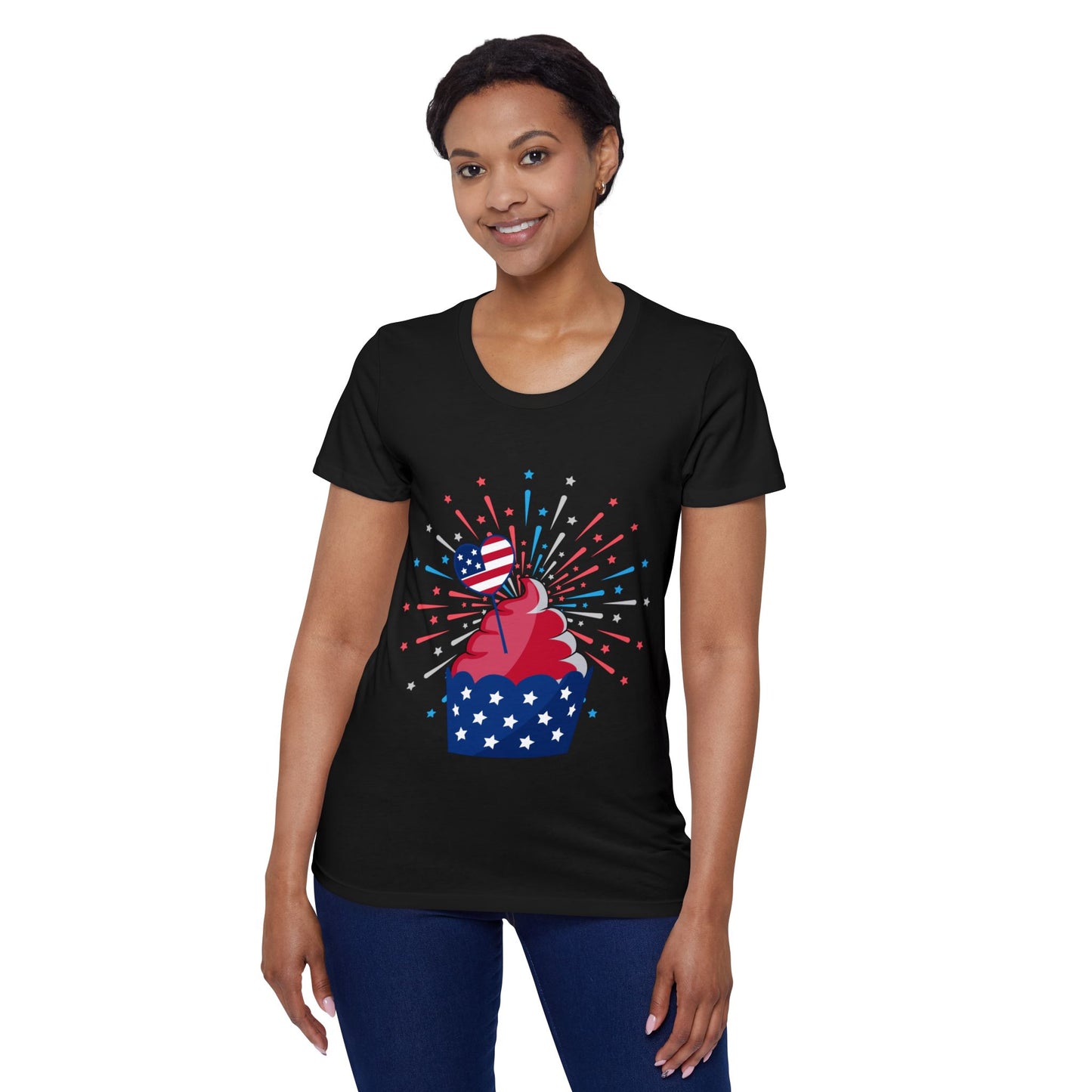 Patriotic Women’s Organic Cotton T-Shirt – 4th of July Cupcake Design | USA Tee