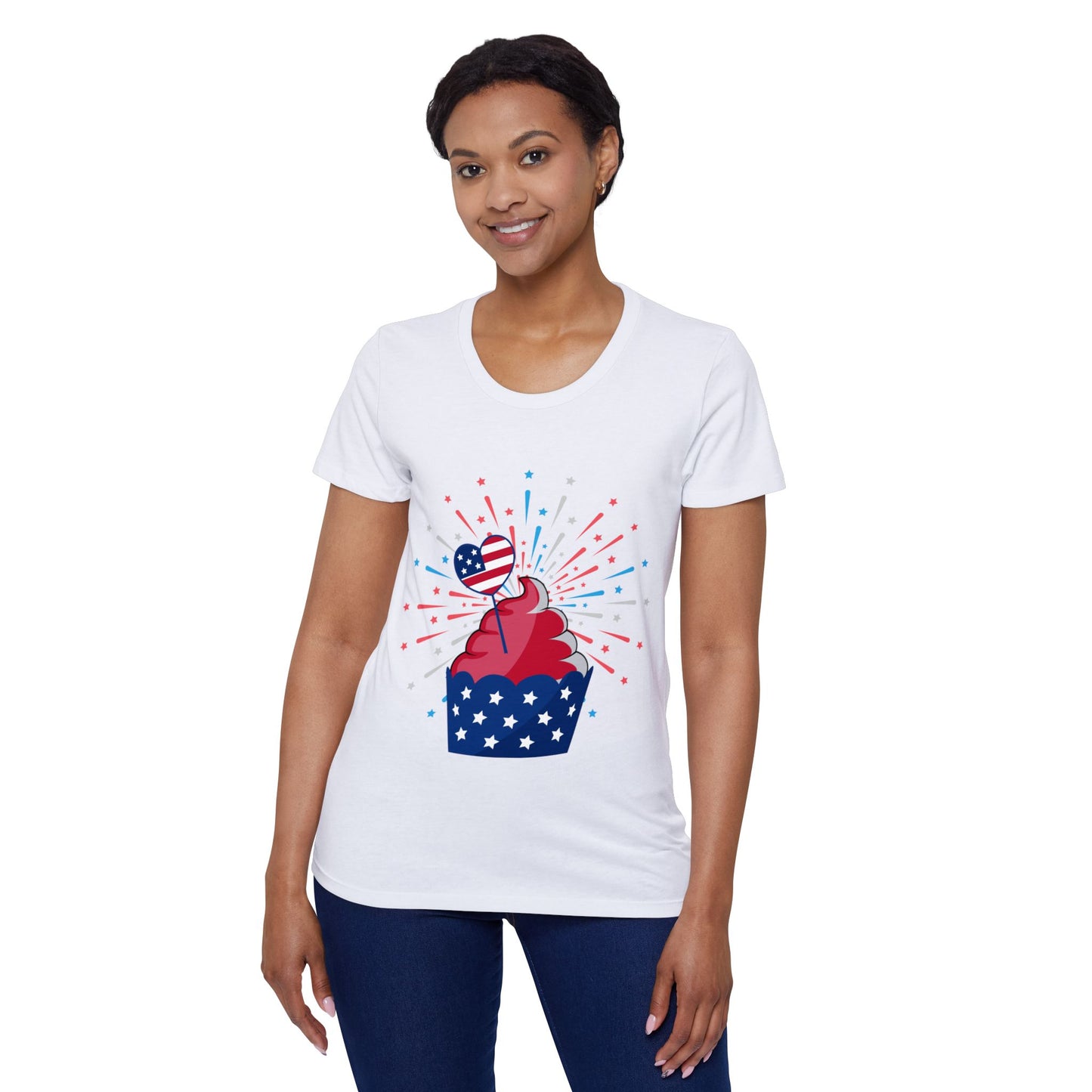 Patriotic Women’s Organic Cotton T-Shirt – 4th of July Cupcake Design | USA Tee